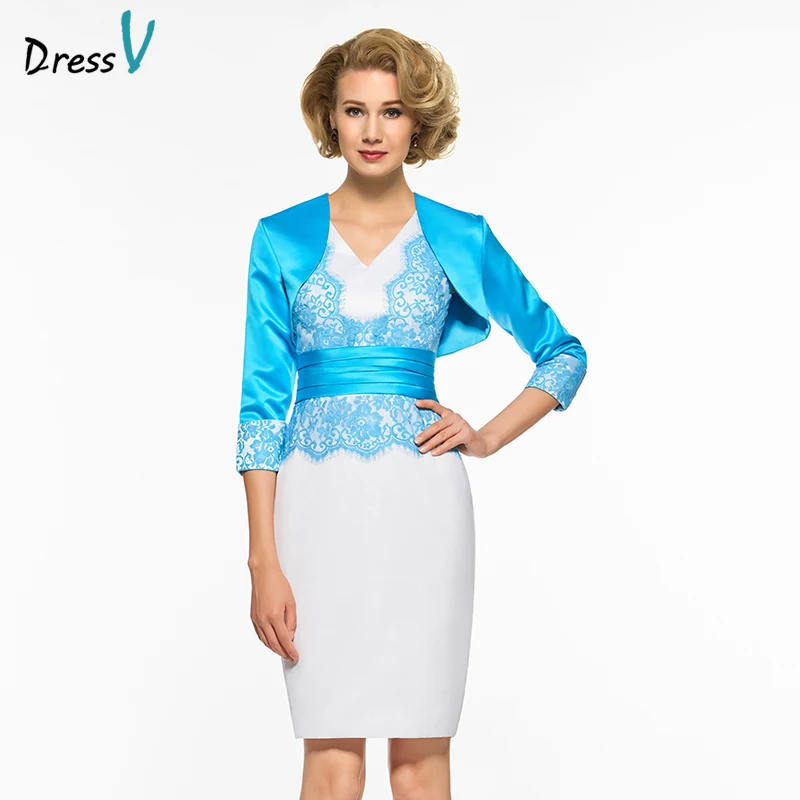 

Платье с v-образным вырезом и рукавами 3/4; Платье для матери невесты; Куртка с поясом; Длина до колена; На молнии; Длинное вечернее платье для м...