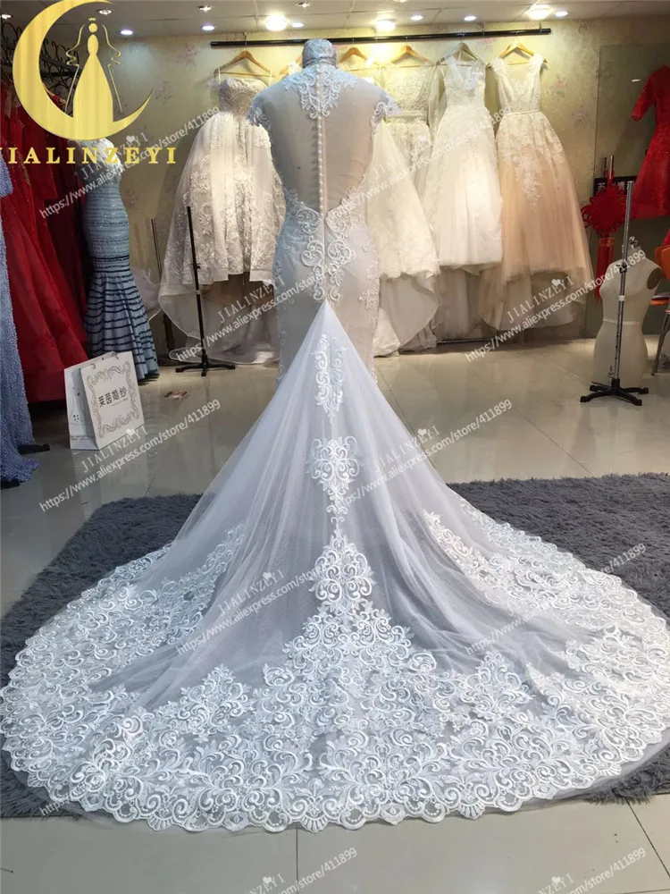 Rhine Real Picture Deep V Neck High quality Mermaid Lace Long Train robe de soiree See Through Sexy Back Bridal Wedding Dresses