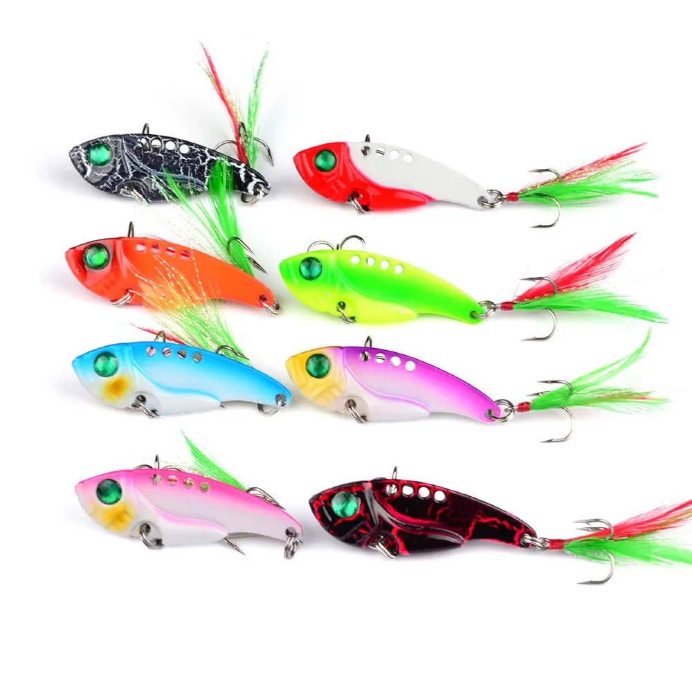 

8Pcs Metal Spoon VIB Fishing Lure 11g 5.5cm Bass Crank Bait Treble With 2 Hooks VIB Lead Fish artificial bait cicada lure
