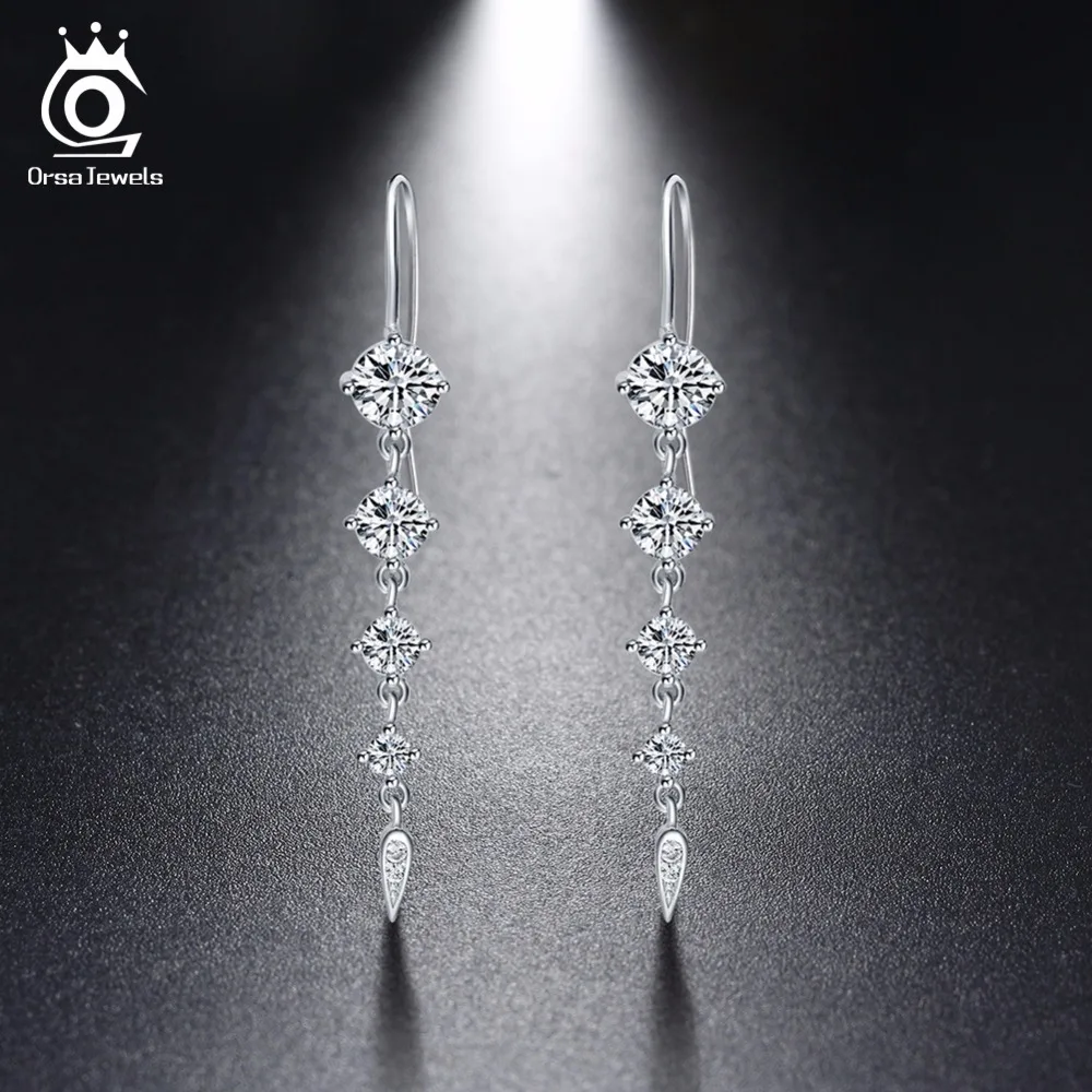 ORSA JEWELS наборы из чистого 925 пробы серебра для женщин в форме длинного листа AAA кубический циркон ожерелье и серьги Модный Ювелирный Набор SS14