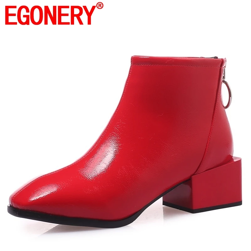 EGONERY/ горячая распродажа; Новая модная женская обувь из лакированной кожи на среднем квадратном каблуке и молнии с квадратным носком; Зимние Теплые ботильоны черного и красного цвета