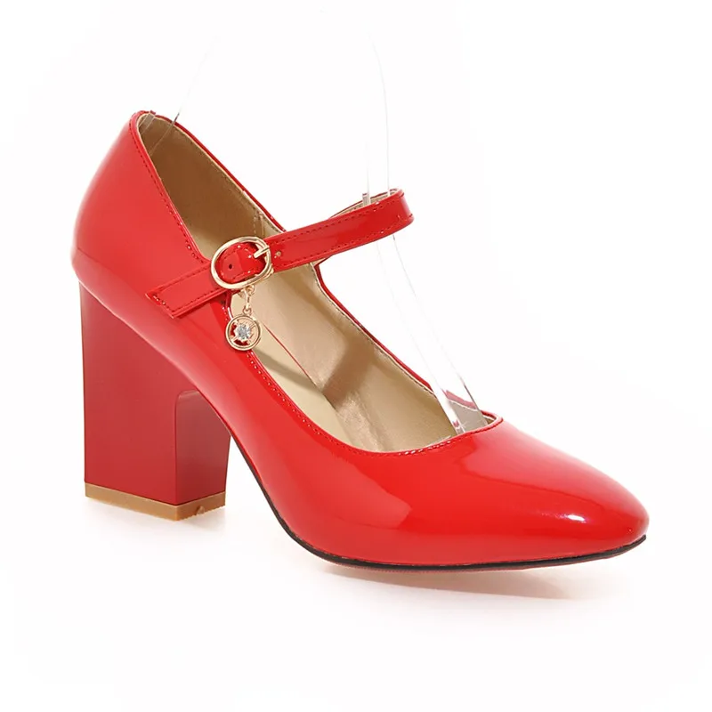 red YMECHIC/осень г.; Цвет черный, белый; офисное платье на блочном каблуке; Туфли Mary Jane; женские туфли-лодочки на высоком каблуке с пряжкой; большие размеры - Цвет: red