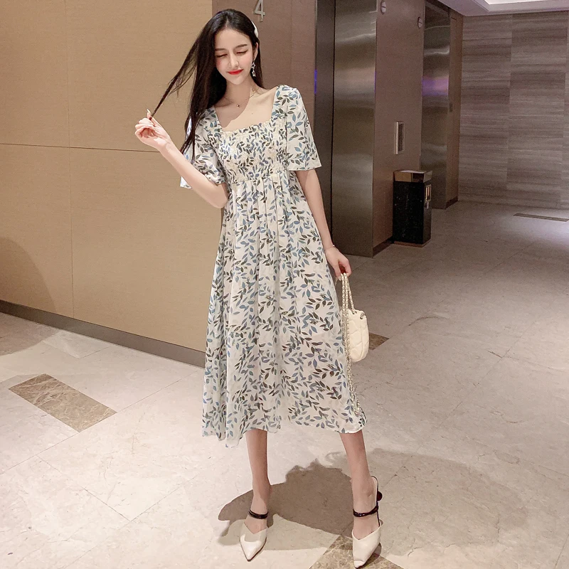 Summer Chiffon Dresses Women's Dot Leaves Print Short Sleeve Casual High Waist Square Collar Elegant vestidos | Женская одежда