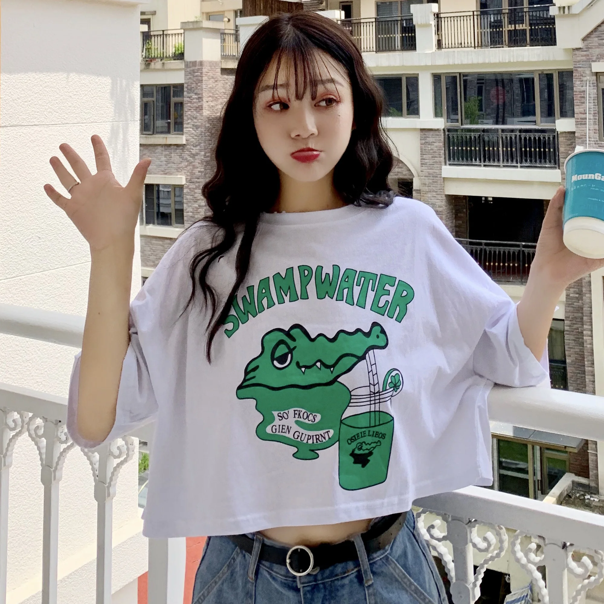 Harajuku Ulzzang милый топ с мультяшным принтом топы короткими рукавами в японском стиле