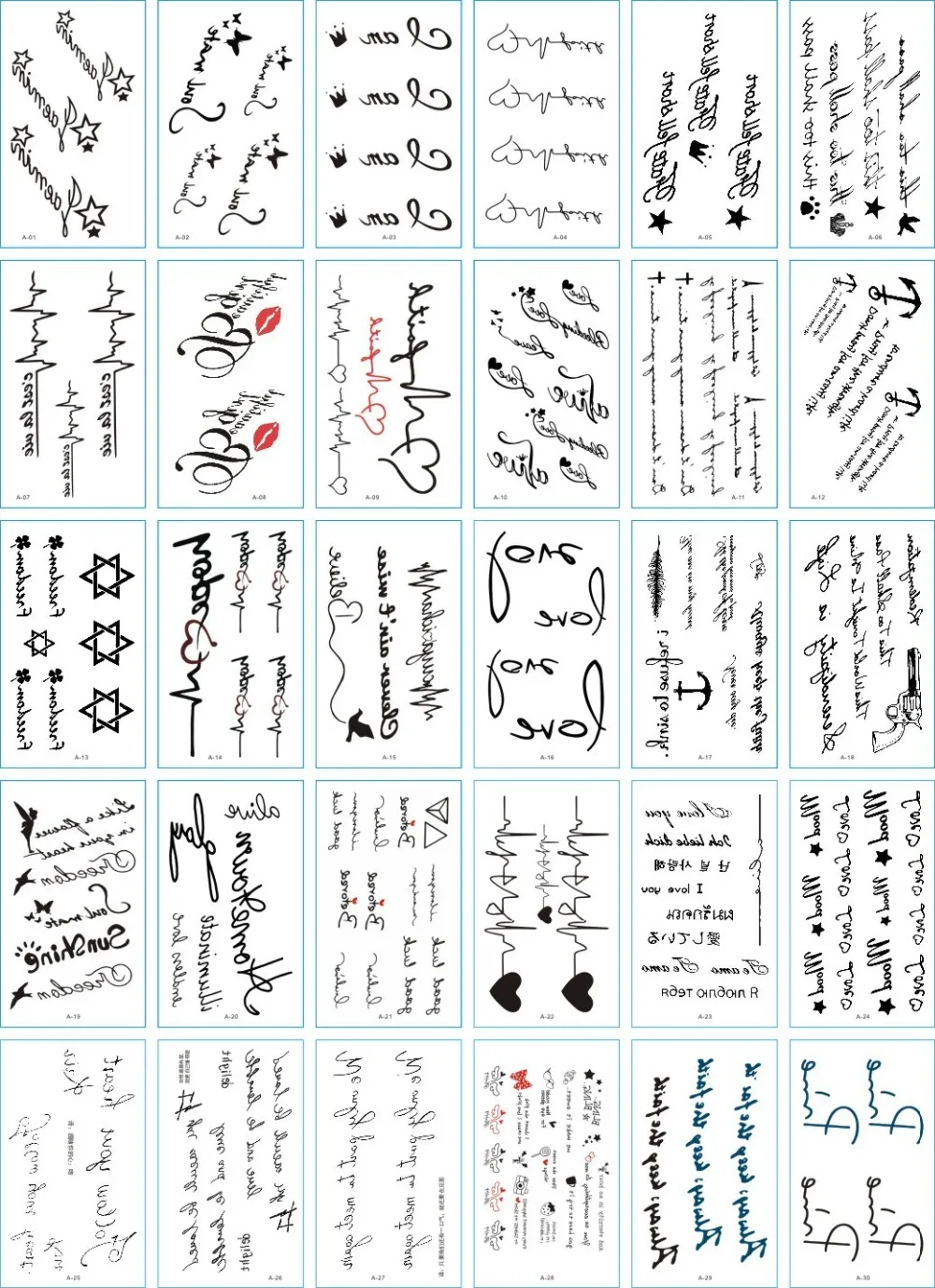 30 hojas diferentes literarias con letras frescas, flores, estrellas, Tatuajes Temporales, calcoman&iacute;a para arte corporal, tatuajes impermeables de dibujos animados para ni&ntilde;os-3