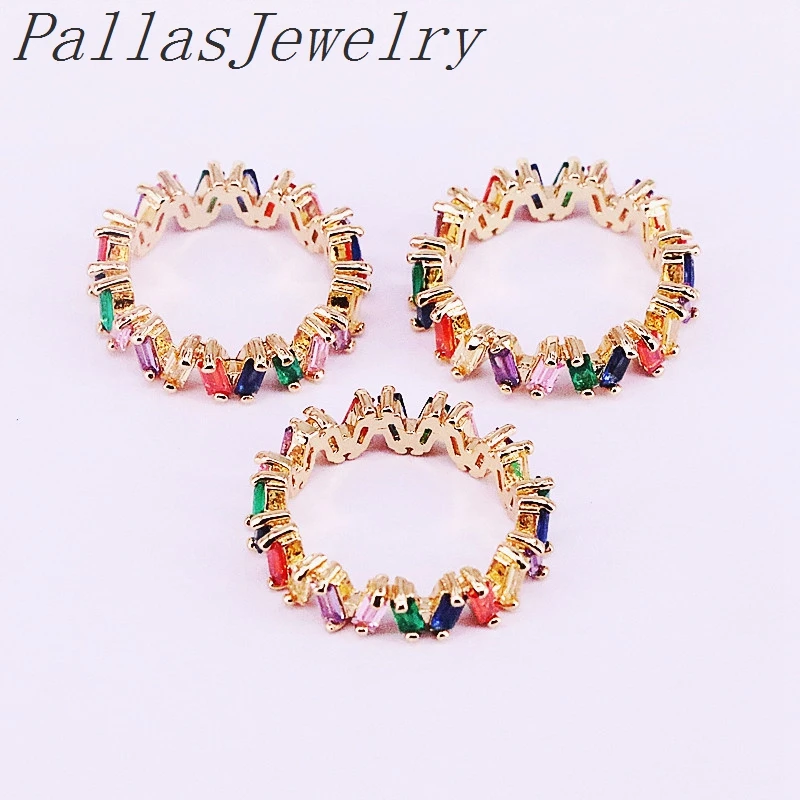 

8Pcs Shiny Colorful Zirconia Gold-color Ring, Charm Multicolor RainbowCZ Micro Pave Rings Jewelry Gifts