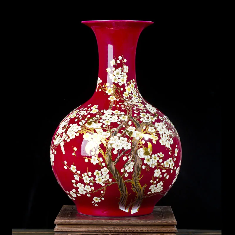 

Jingdezhen Chinese red ground large-sized ceramic vase The magpies plum blossom design home decoration furnishing articles