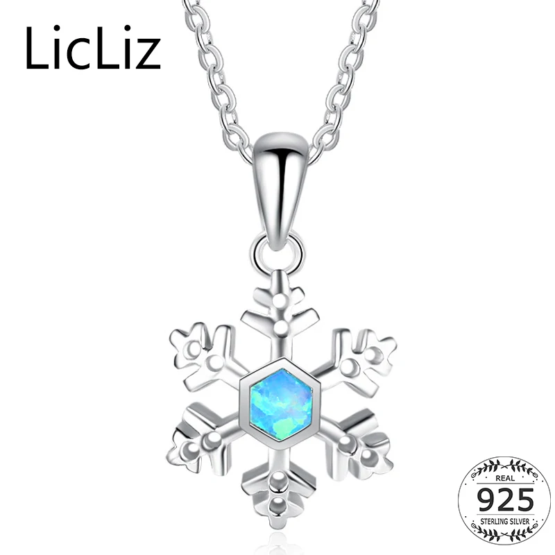 

LicLiz 925 Sterling Silver Snowflake Necklace Collier Women Blue Fire Opal Flower Pendant Necklace Link Chains Necklace LN0252