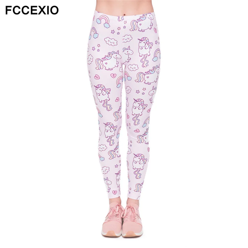 Женские леггинсы для фитнеса FCCEXIO розовые с принтом в виде единорога и облаков