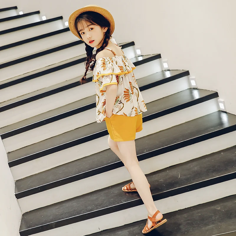 2019 детская одежда для девочек комплект Детский костюм хлопок цветочные с плеча