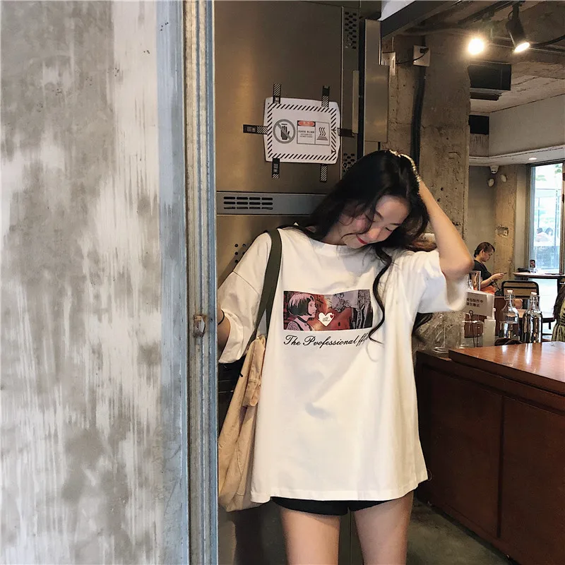 Летняя женская футболка корейский стиль одежда Ulzzang Harajuku мультяшная кавайная с