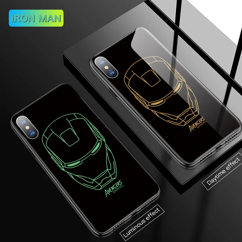 Iron Man Coque капитан Марвел Бэтмен Железный человек световой Стекло чехол для телефона для iPhone 11 Pro XSmax XR XS X 8 7 6s 6 Plus черный пантера крышка - Цвет: Iron Man