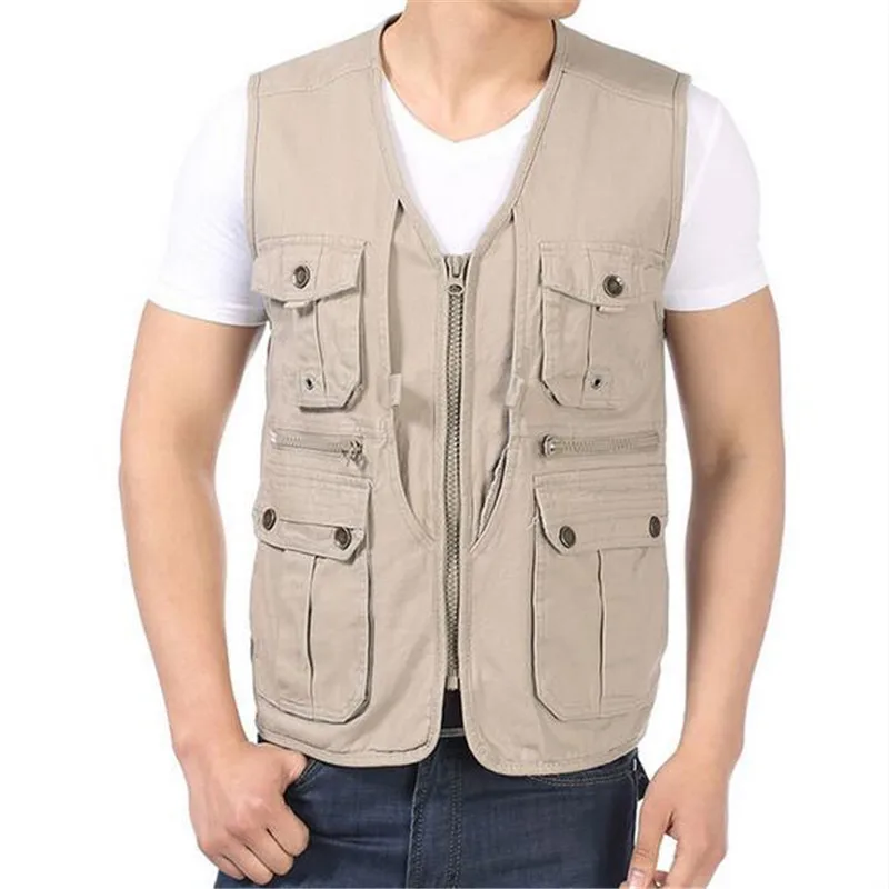 

Male Sleeveless Multi Pocket Zip Travelers Working Photography Cotton Vest Casual Men's V-neck Waistcoat