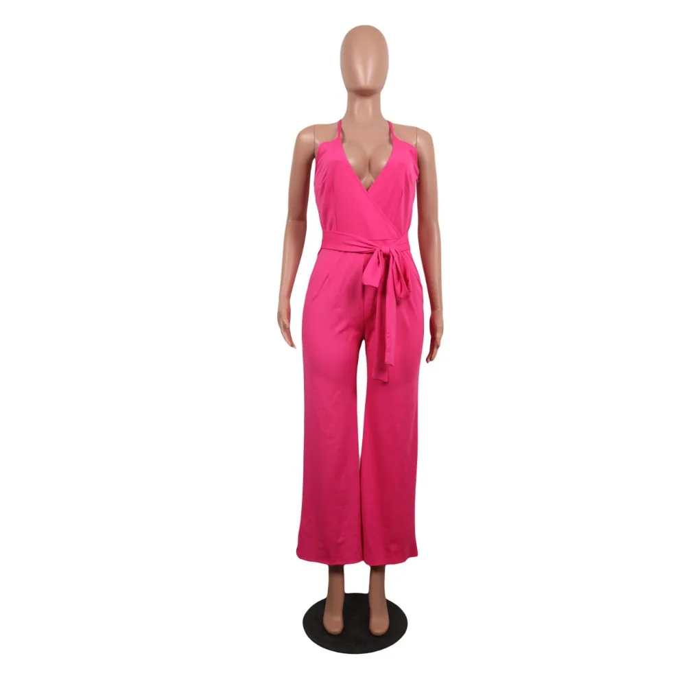 

Sexy Wrap V Neck Pleated Lace Up Jumpsuit Women Casual Spaghetti Strap Cross Wide Leg Pants Romper Slim Elegant Outwear Jumpsuit