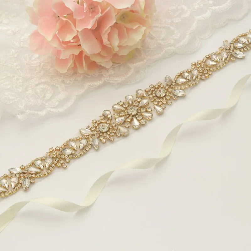 

MissRDress Bridal Belt Rhinestones 35.5inch Long Gold Crystal Bridal Sash Diamond Flower Ribbons For Wedding Dress Belt JK907