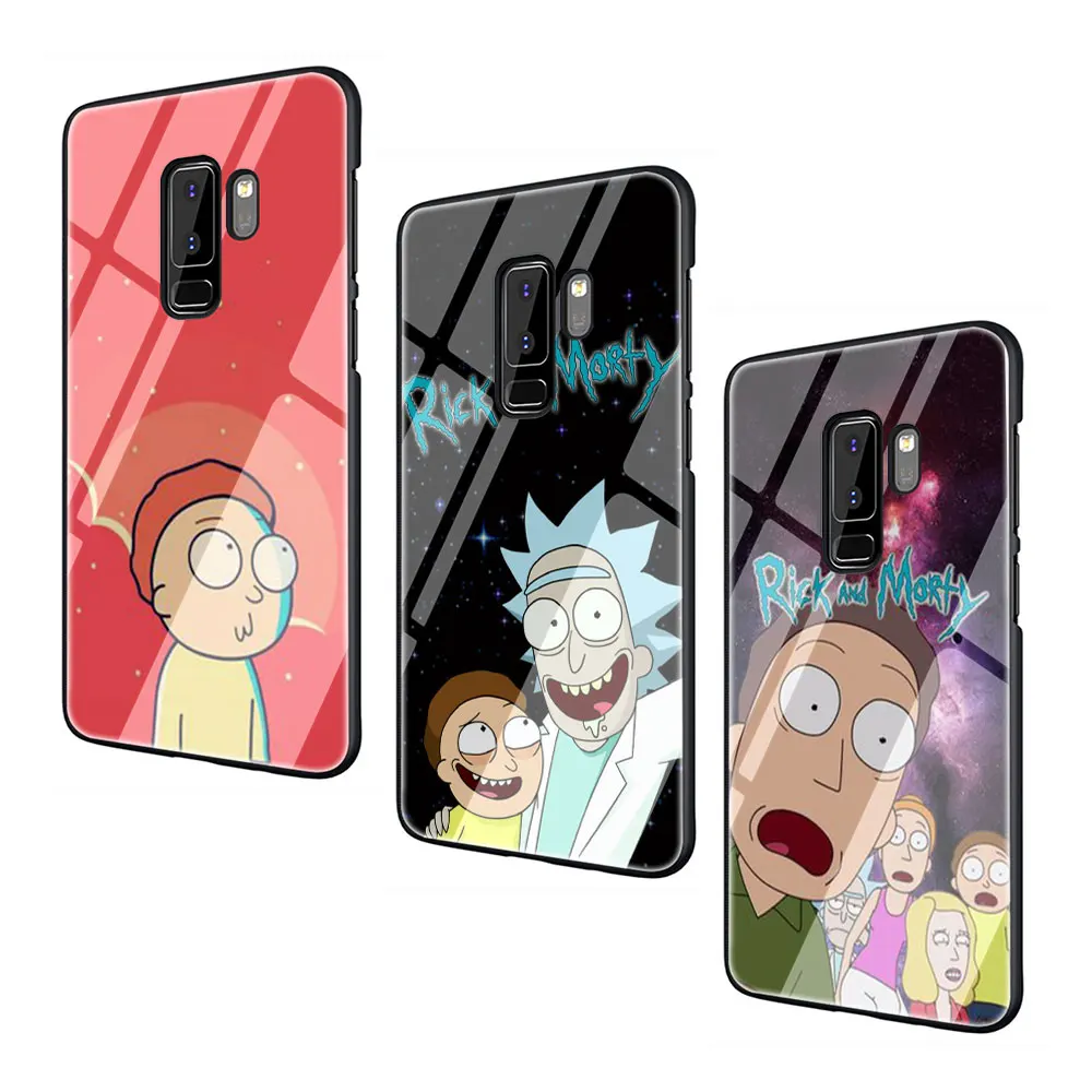 Рик и Морти забавные закаленное Стекло TPU черный чехол для Galaxy S7 край S8 S9 плюс S10 Note 8, 9, 10, A10 20 30 40 50 60 70
