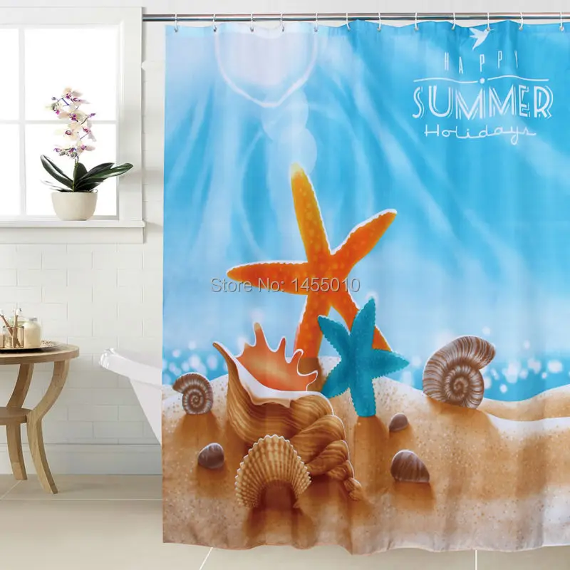 happy tree polyester blue seastar shower curtain thicken fabric sea life sea shell bathroom curtain summer holiday bath curtain free global shipping