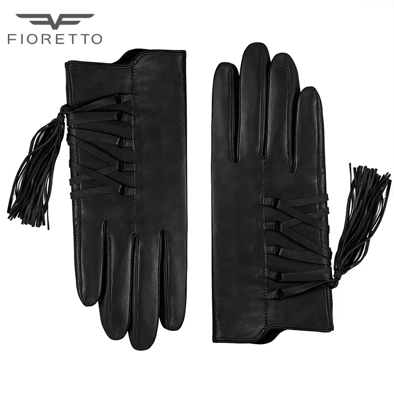 FIORETTO, Женские зимние кожаные перчатки, вязаные, шерсть, флисовая подкладка, кожаные перчатки для вождения, женские, с кисточками, с сенсорным экраном, кожаные варежки