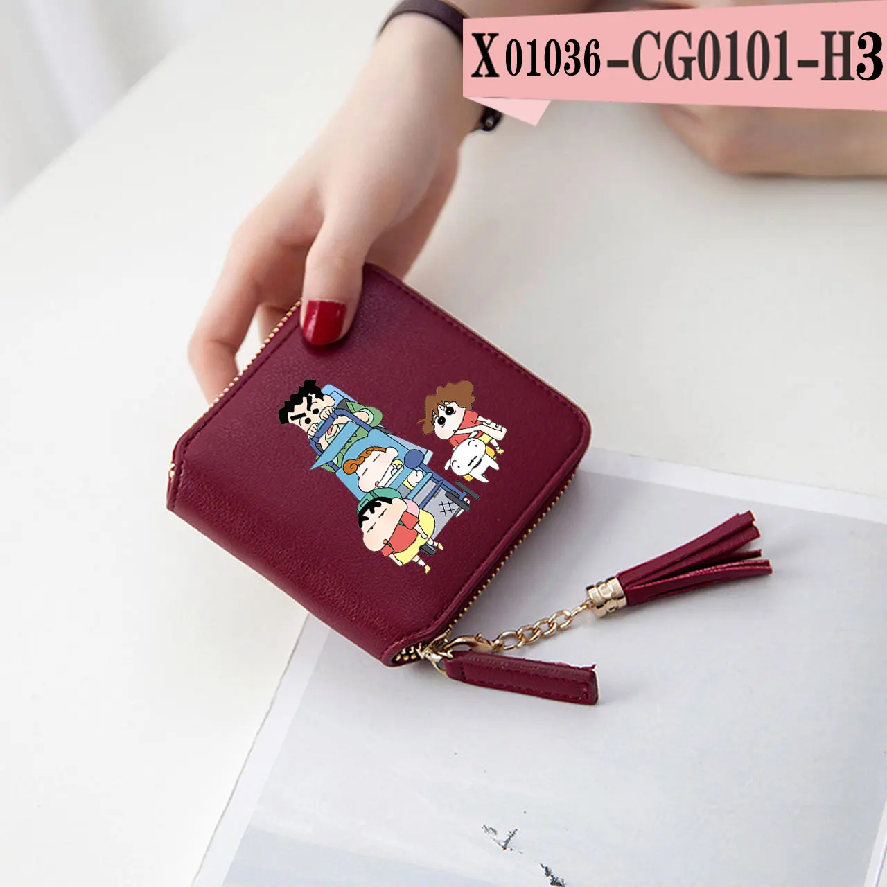 burgundy Бумажники Crayon Shin-chan милые с принтом женские Kpop мини короткие молнии карты PU Кожаный Дамский кошелек с кисточками на заказ кошелек - Цвет: burgundy