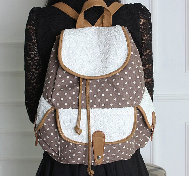 Fashion Polka Dot Lace Embroidery Backpack Canvas Bags Women'S Travel School Backpacks free shiping|backpacks day|backpack bucklebackpack sports