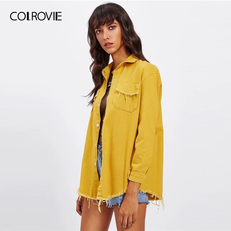 COLROVIE желтая однотонная однобортная Повседневная джинсовая куртка на пуговицах женская верхняя одежда Весенняя уличная одежда пальто с потертостями и карманами