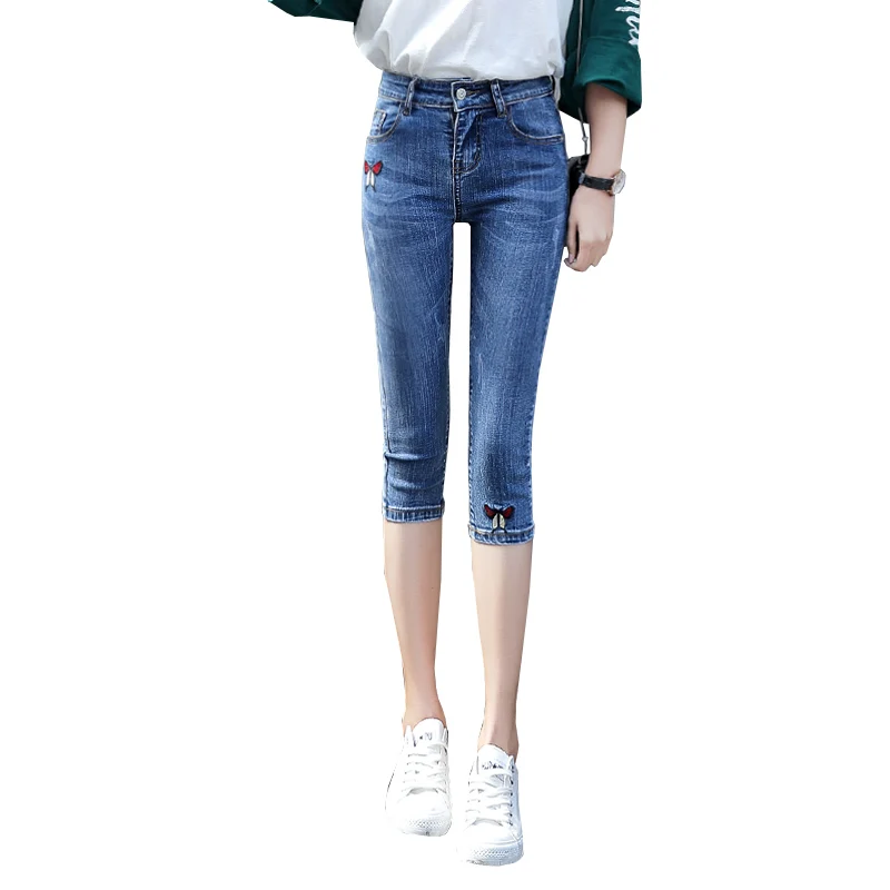 CTRLCITY Summer Skinny Jeans Women Stretch Calf Length Denim Pants High Waist Women's Embroidery Female Short Jean |