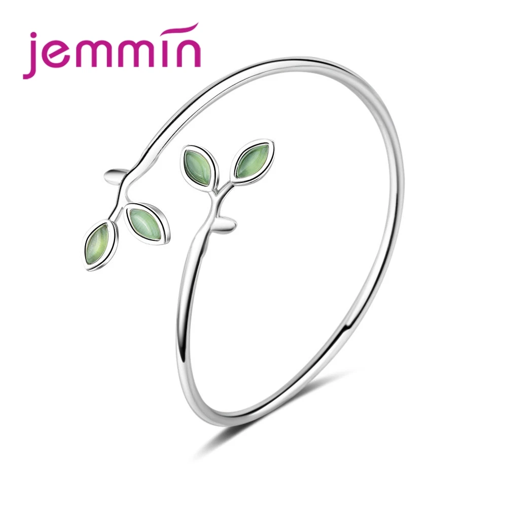 

Vintage Hot Sale Green Leaves Design CZ Stone 925 Sterling Silver Opening Bracelet For Woman Girls Banquet Accessories