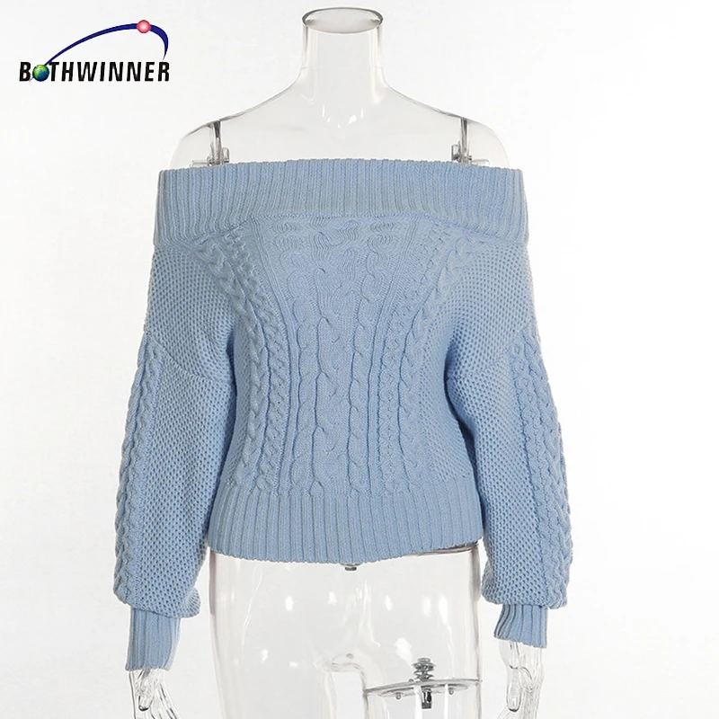 Bothwinner Women Casual Pullover Sweaters Ladies Autumn Blue Cable Knit Long Sleeve Off The Shoulder Oversized Sweater | Женская одежда