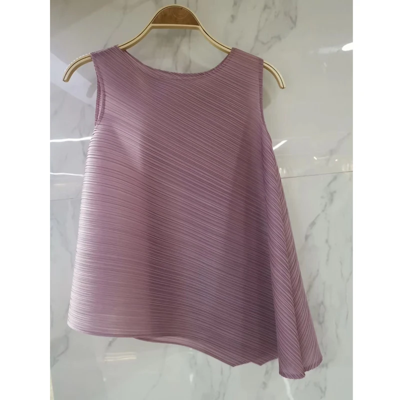 Changpleat летняя Новинка свободная Асимметричная Женская футболка Топы Miyak плиссированные модные неровные без рукавов однотонные женские футболки