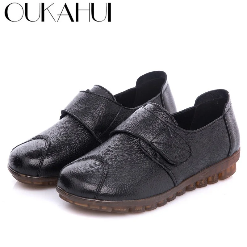 

OUKAHUI 2018 Autumn Spring Hook Loop Fashion Genuine Leather Casual Shoes Woman Flat Low Heel 3cm Soft Bottom Leisure Shoes Lady
