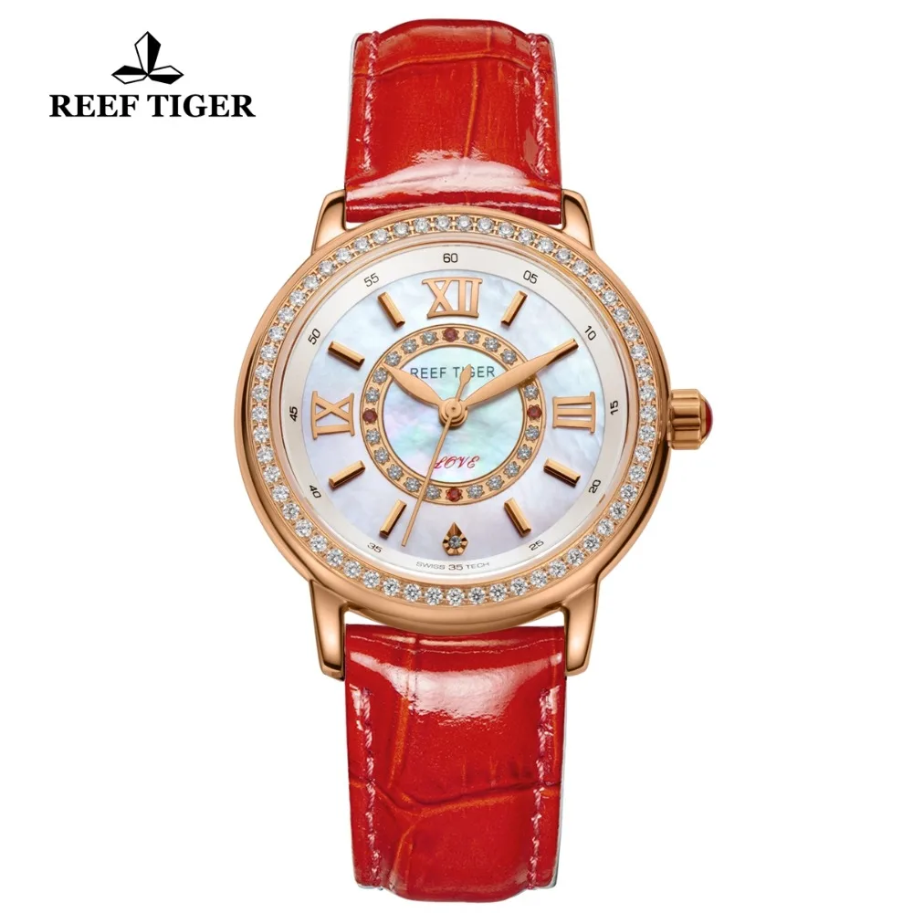 Женские кварцевые часы Reef Tiger/RT роскошные из розового золота с бриллиантами и