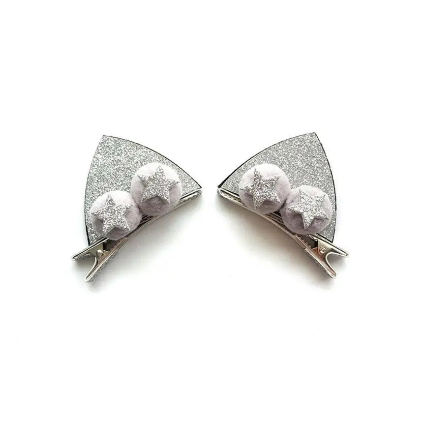 2Pcs Solid cat ears hairpins Sequins ears hair clips cute rabbit ears shape barrettes girls Bow hair accessories headdress J52