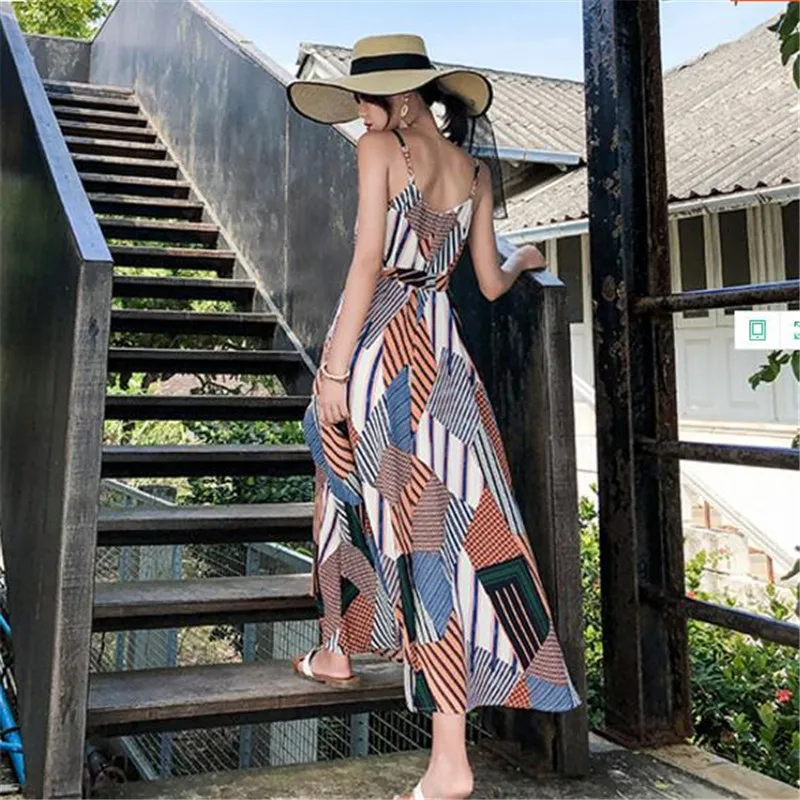 

2019 summer seaside holiday beach dress women long bohemian print dress national wind chiffon sleeveless strap dresses female