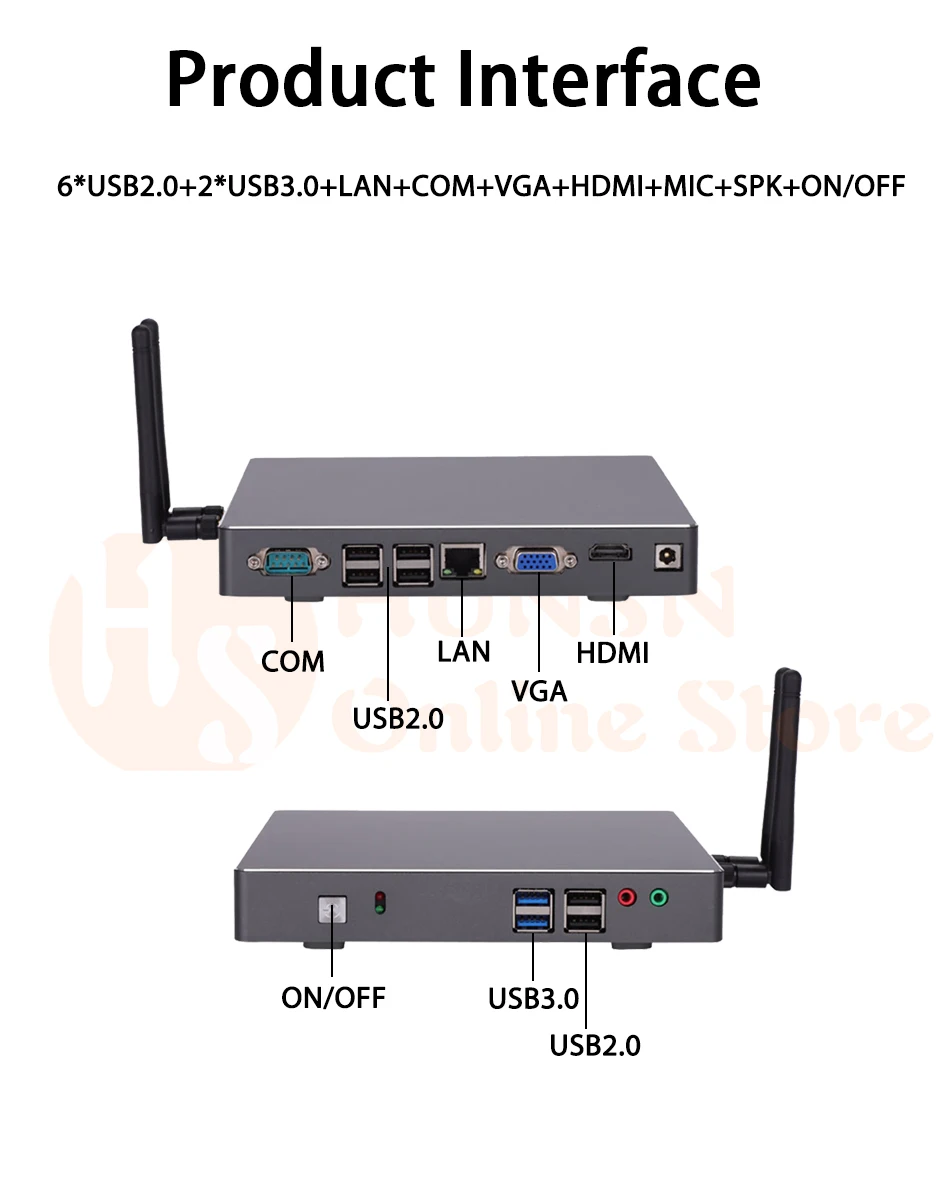 Мини-ПК, настольный компьютер, AMD quad core LX 420, Windows 10/Ubuntu,(серый), [HUNSN BH08GL],(COM/VGA/HD/LAN/6USB2. 0/2USB3. 0/вентилятор