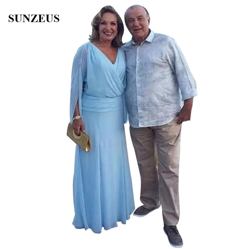 

Plus Size Mother Of The Bride Dresses A-line Dropped Waist V-neck Long Sleeve Groom Mother Dress Blue Chiffon Wedding Party Gown
