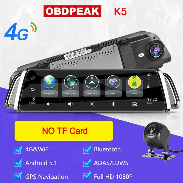 K5 No TF Card Смарт зеркало заднего вида 1" сенсорный экран 4G wifi Автомобильный видеорегистратор Android поток медиа зеркало двойной объектив обратное изображение gps навигация ADAS - Название цвета: K5 No TF Card