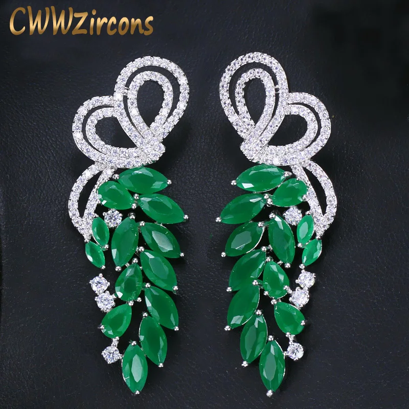 

CWWZircons Elegant Leaf Shape Micro Pave Cubic Zirconia and Green Crystal Silver Color Long Drop Costume Earring for Women CZ268