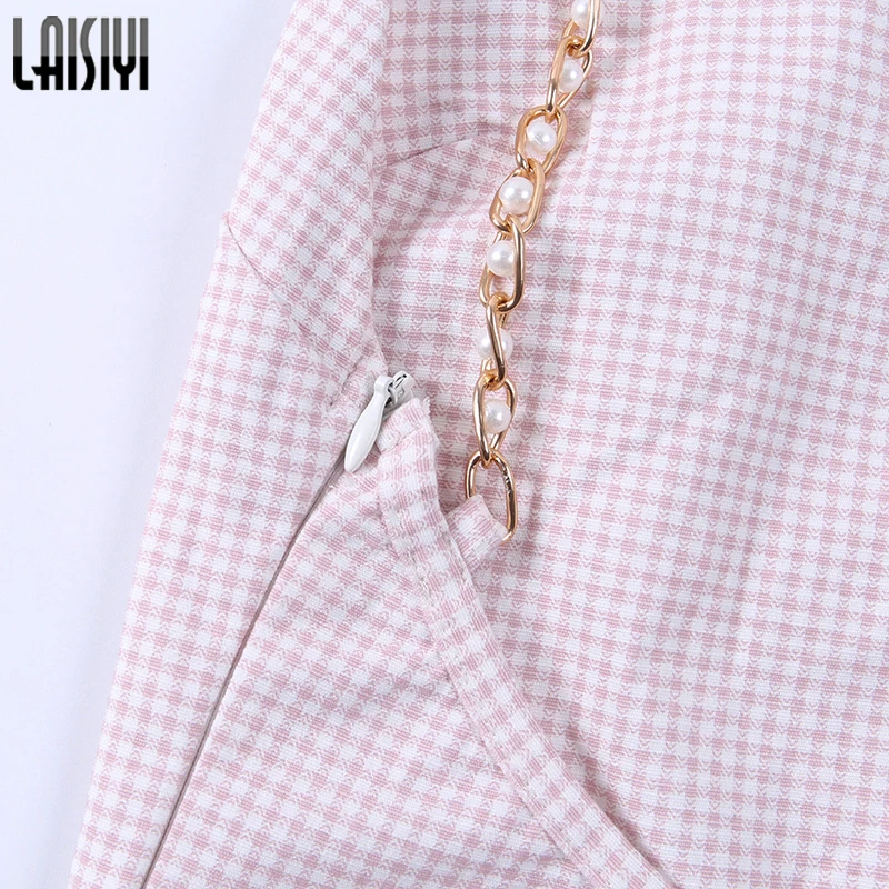 

LAISIYI Summer Backless Dress Sleeveless Pearls Bead Straps Plaid Dress Sweet Pink Mini Pencil Dress Women Vestidos ASDR22159