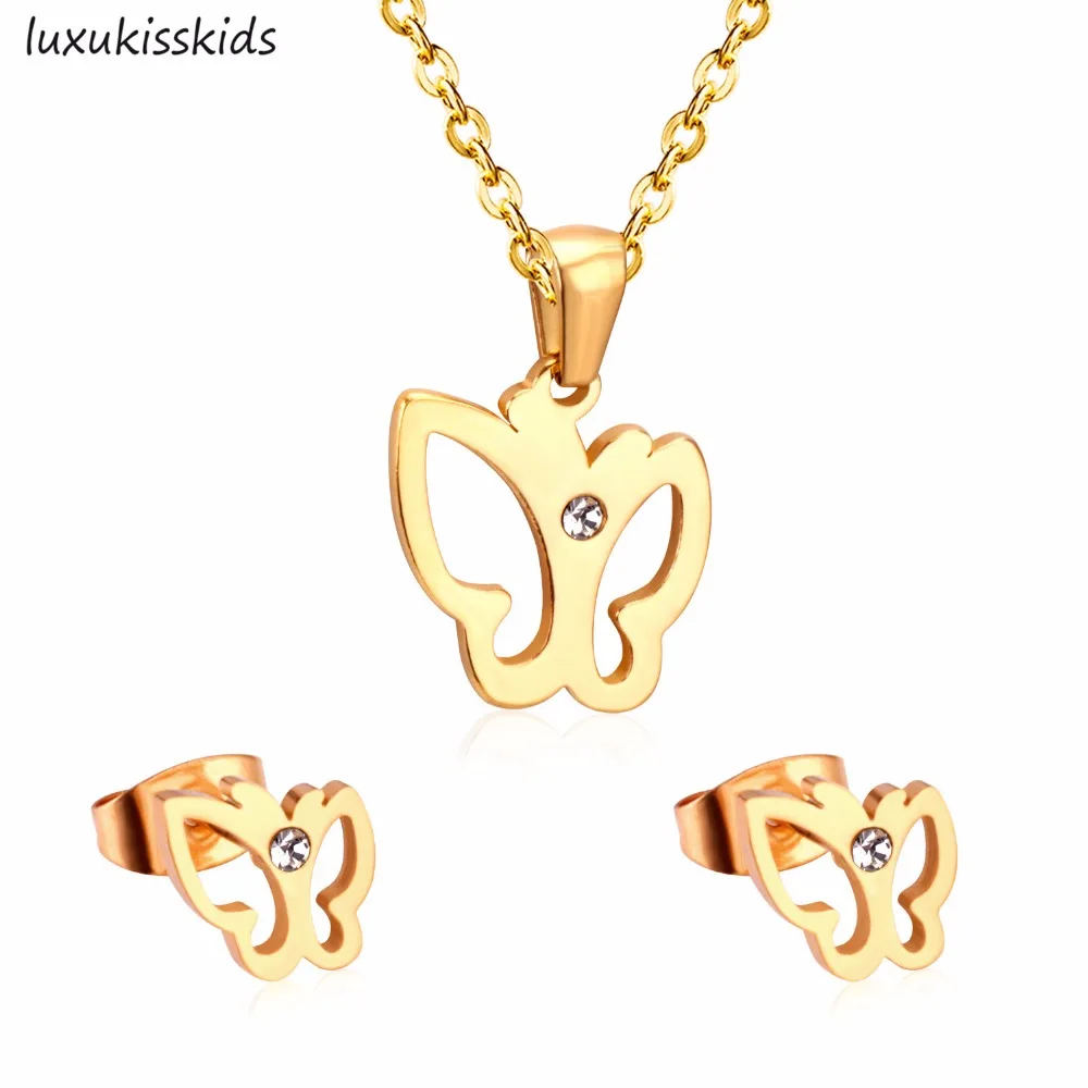 LUXUKISSKIDS Мода 316L ожерелье с золотой бабочкой Серьги Дубай ювелирные наборы для