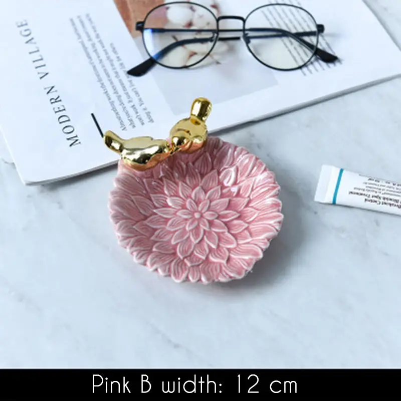 Pink B Нордический стиль золотая птица в форме цветка керамический коврик кольца браслет-держатель конфетное блюдо органайзер для хранения Свадебный декор - Цвет: Pink B