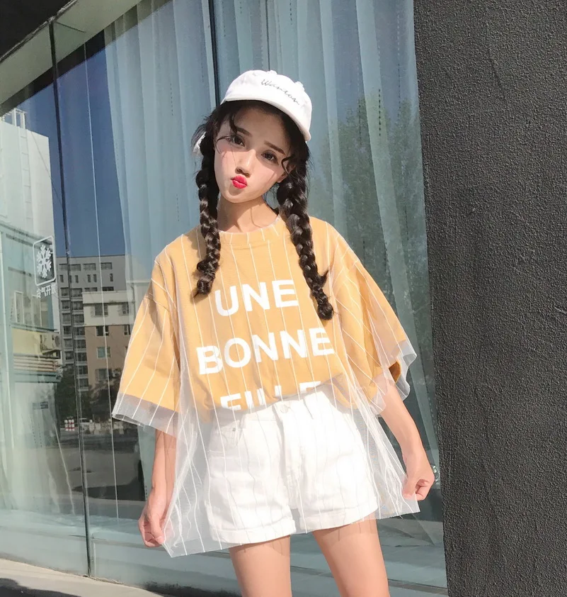 Parollada корейской моды письмо печати сетки Футболка harajuku Стиль Лоскутная футболка