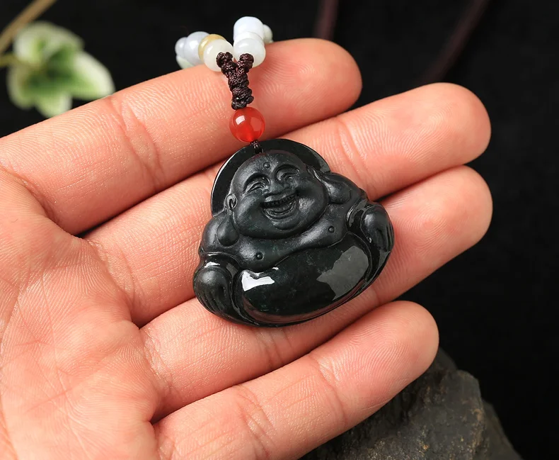 

Natural A-level Burmese stone pendant carved black laugh Buddha pendant necklace men and women JADES jewelry children's style