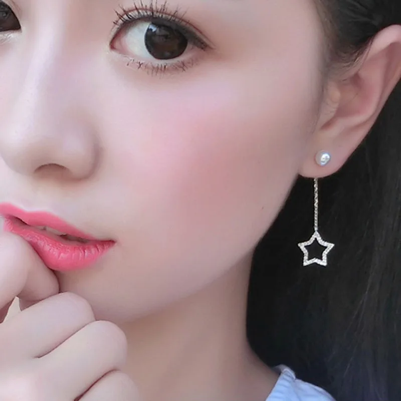 Korean Vintage Accessories Full Rhinestone Asymmetric Moon Five-pointed Stars Drop Long Earrings Boucle D' Orielle Brincos E561 |