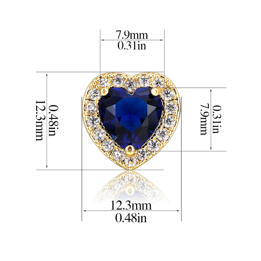 Yellow Gold Color Peach Heart Blue Paved CZ Stud Earrings for Women Luxury Jewelry Aros Oorbellen Orecchini