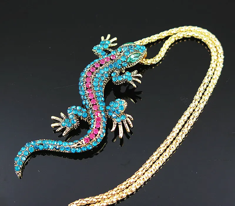 Массивное ожерелье Gecko Ящерица с кристаллом длинная цепочка под свитер кулон