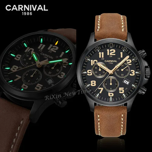 Black C8818 brow Карнавальный бренд, роскошный светильник Тритий, секундомер, мужские часы Ronda, кварцевый хронограф, Тритий, светящиеся, мужские часы, водонепроницаемые, полностью из стали - Цвет: Black C8818 brow
