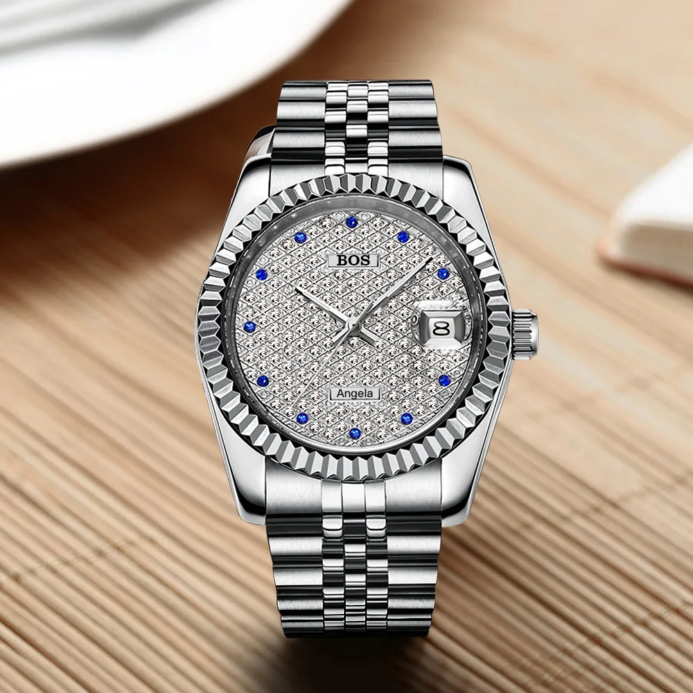 Анжела BOS Полный Стразы Серебряные часы Для мужчин Одежда высшего качества