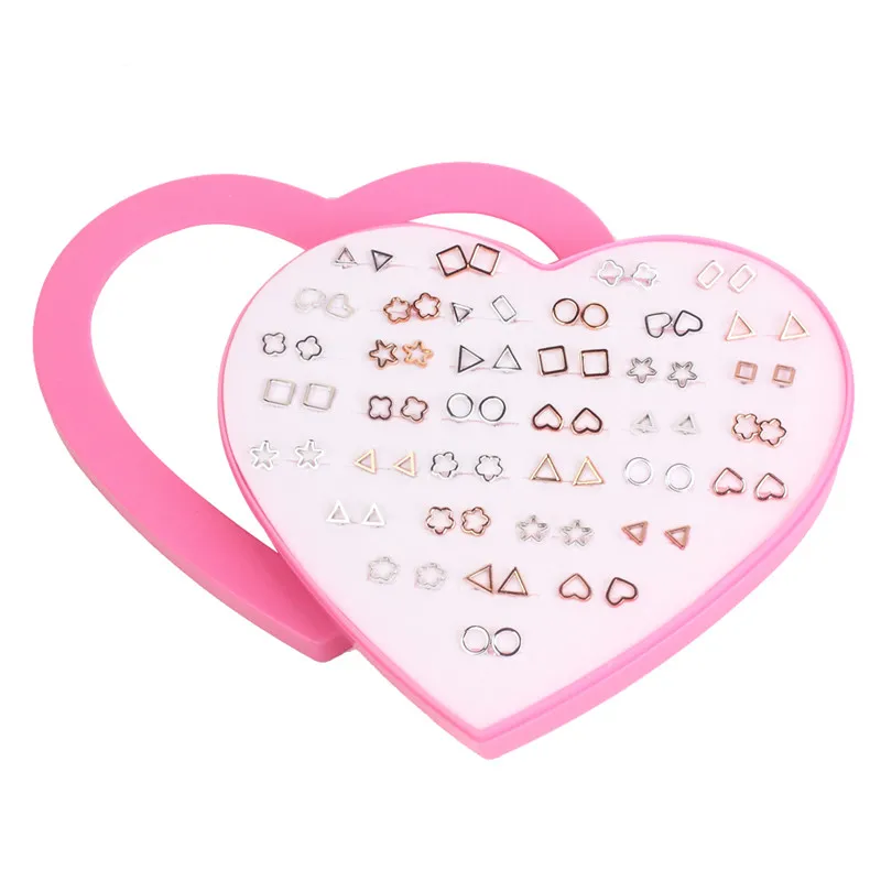 B 36 pairs/set Women Geometric Heart Flower Stud Earrings Sets New Gold Silver Color Metal Bowknot Earring Female Jewelry Gifts - Окраска металла: B