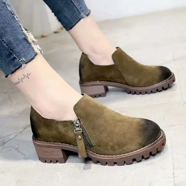 2018 autumn new Korean students round head with heel single shoes side zipper scrub casual | Обувь