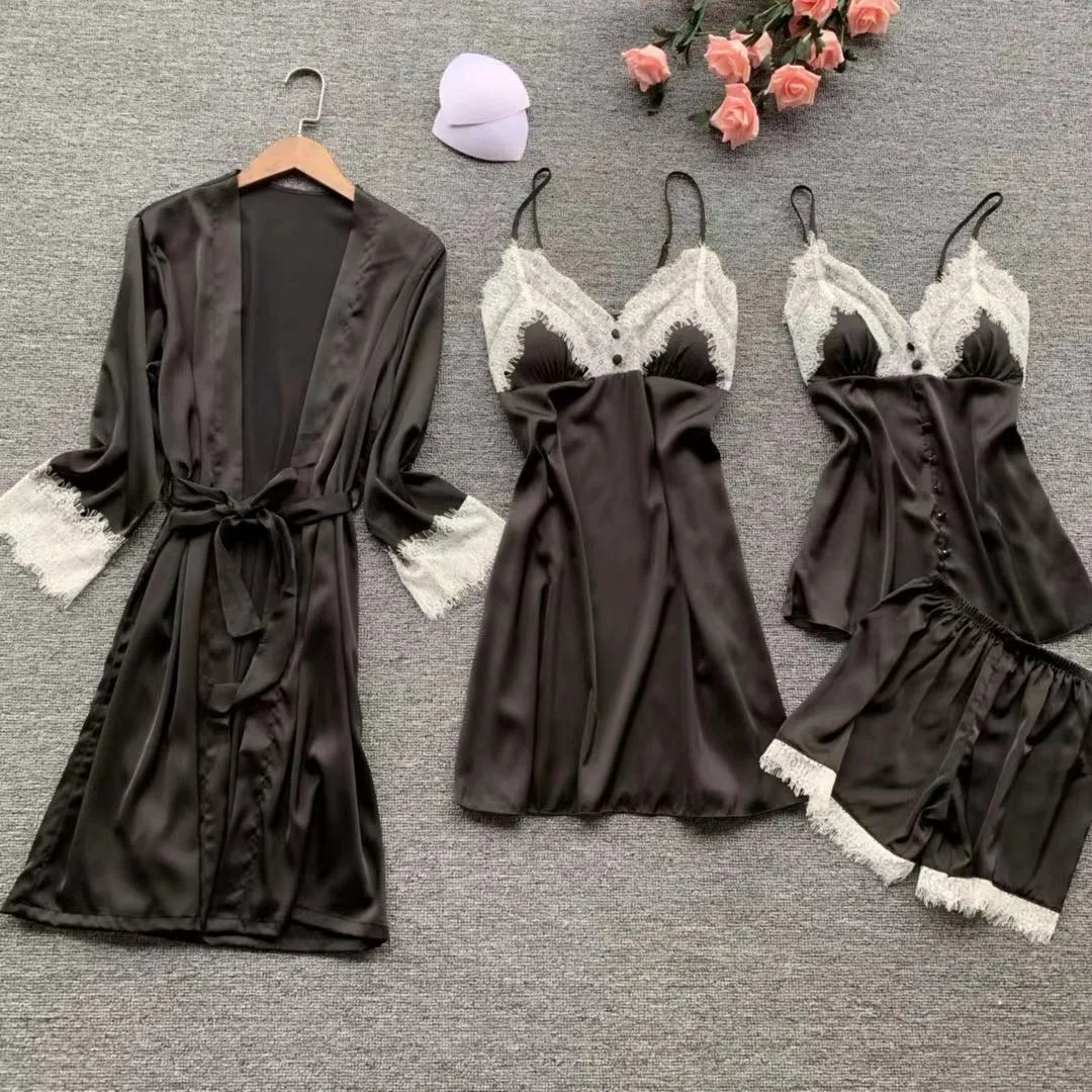 Black Lisacmvpnel 4 шт. сексуальный кружевной женский халат комплект кардиган+ ночная рубашка+ шорты Модная Пижама - Цвет: Black